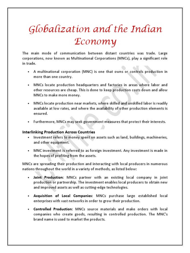 Globalization And The Indian Economy Notes Pdf Pdf Multinational