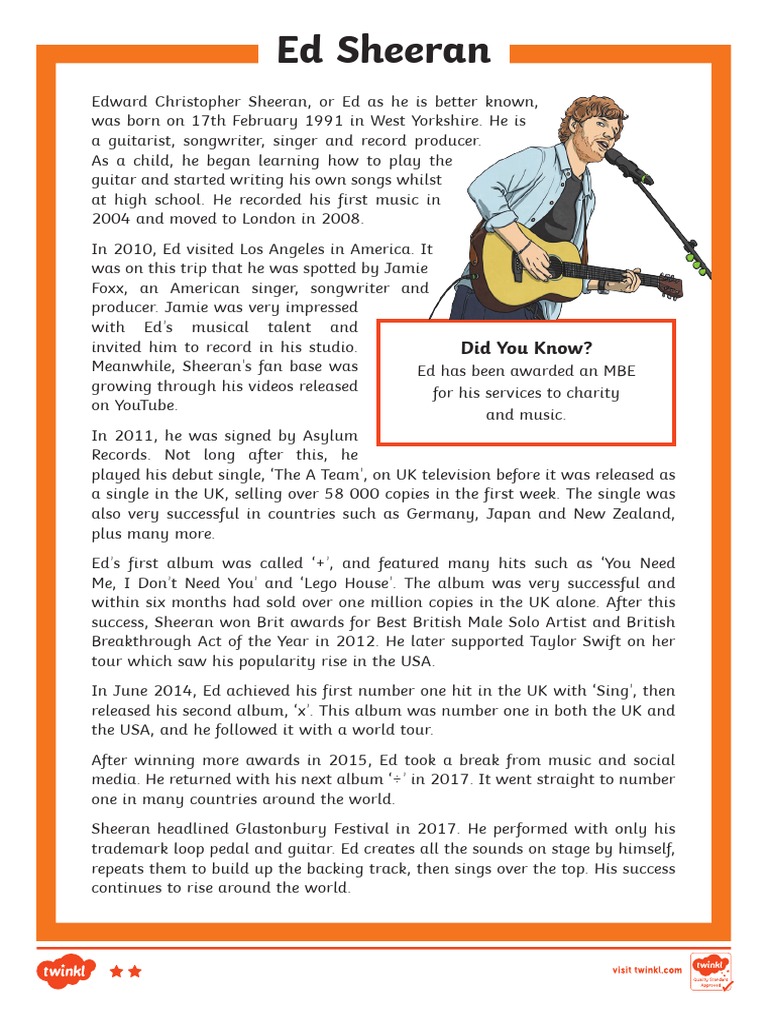 Ed Sheeran Reading Comprehension | PDF | Pop Music | Recorded Music