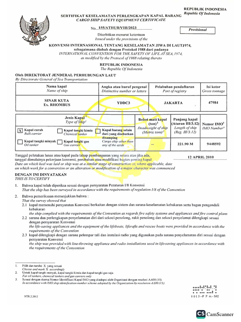 Cargo Ship Safety Equipment Cert PDF