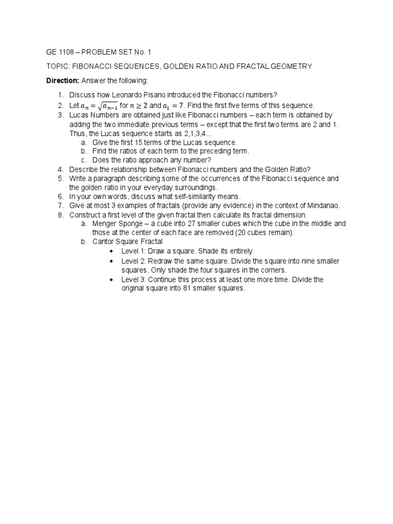 Problem Set 01 - Fibonacci Sequence and Fractals | PDF
