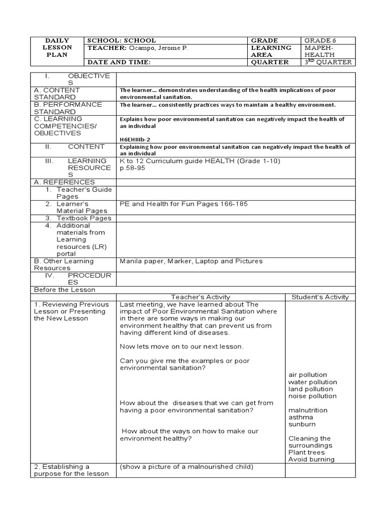 Grade 6 Health Lesson Plan on Sanitation | PDF | Sanitation | Common Cold