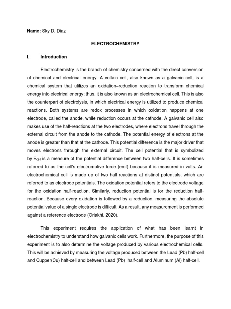 ELECTROCHEMISTRY Lab Report PDF Electrochemistry Redox