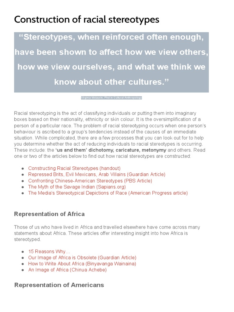 Construction of Racial Stereotypes | PDF | Stereotypes | Race (Human ...