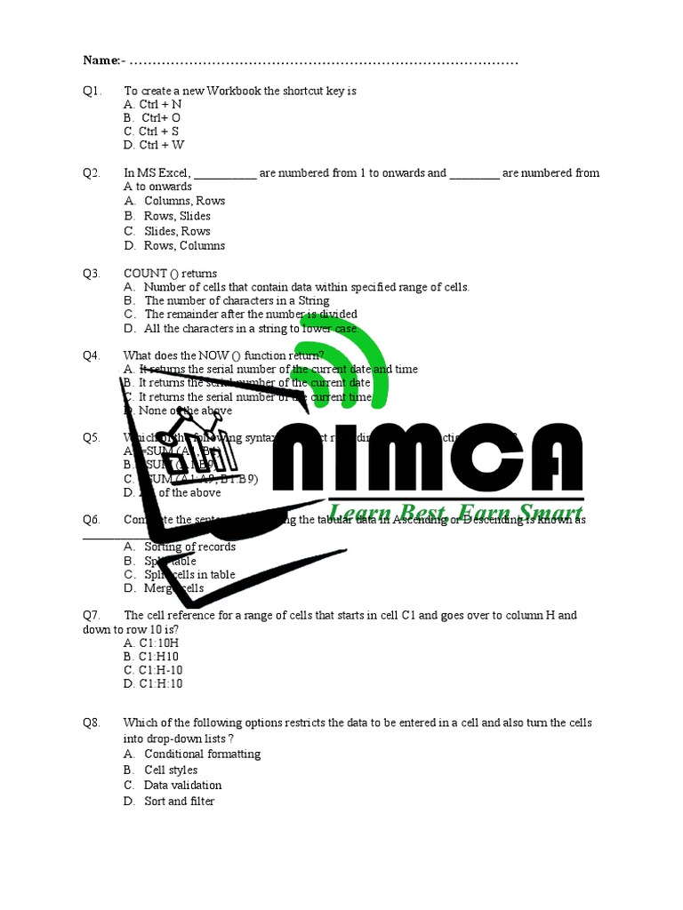 Nimca test excel word pdf microsoft excel computing