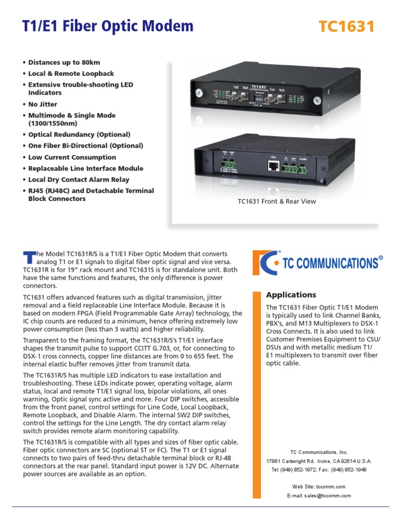 T1/E1 Fiber Optic Modem TC1631 Features | PDF