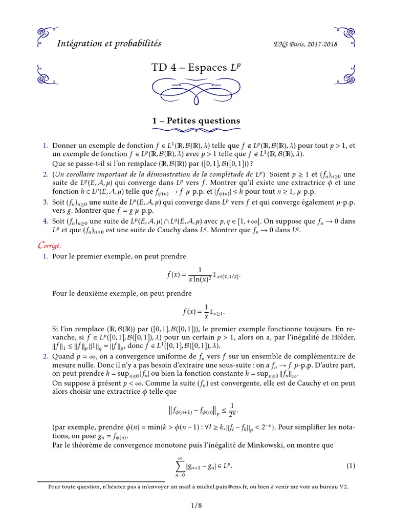 TD4 : Espaces Lp et Convergence | PDF | Méthodes et références pédagogiques