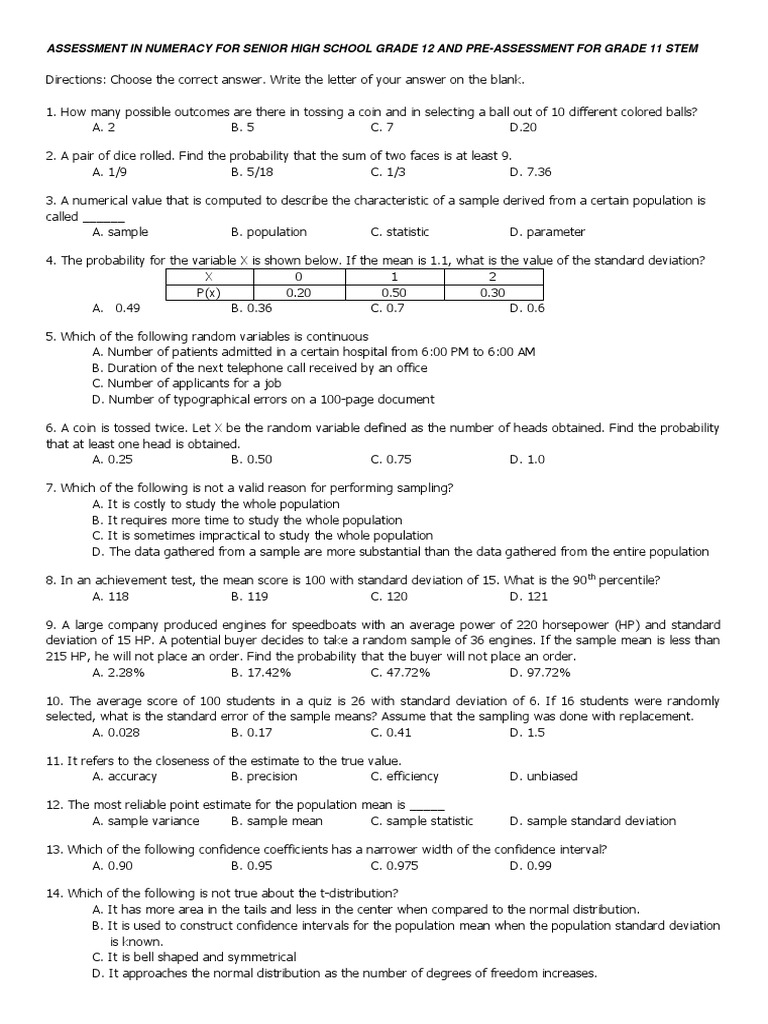 Grade 11 Stem and Grade 12 Stem PDF Standard Deviation Confidence