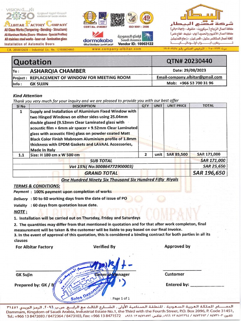 Quotation for Window Replacement Project | PDF