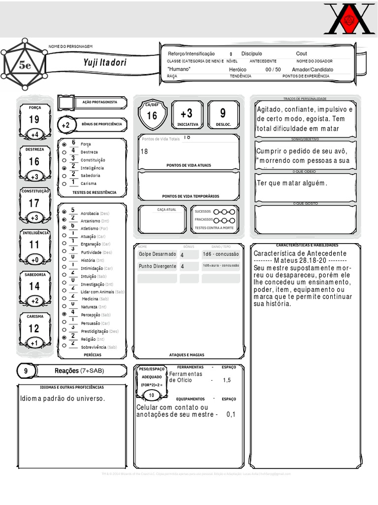 Hunter X Hunter 5e RPG - Ficha - Itadori Yuji | PDF