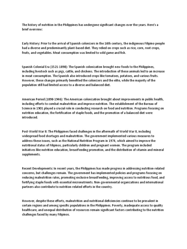 The History of Nutrition in The Philippines Has Undergone Significant