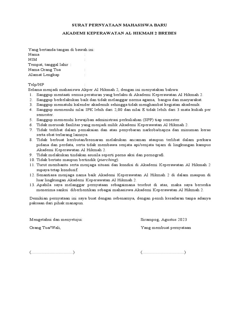 Surat Pernyataan Mahasiswa Baru | PDF