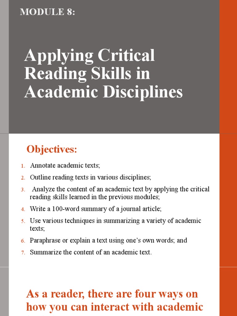 Applying Critical Reading Skills in Academic Disciplines | PDF | Career ...