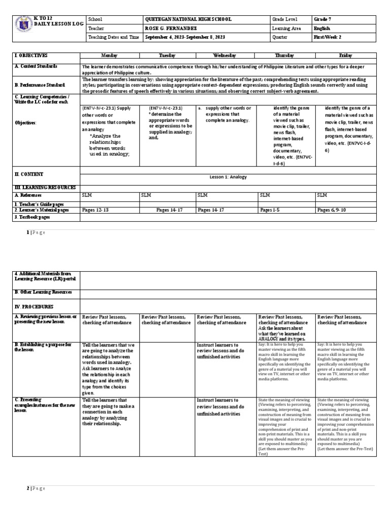 Grade 7 English Lesson Plan: Week 2 | PDF | Learning | Reading ...