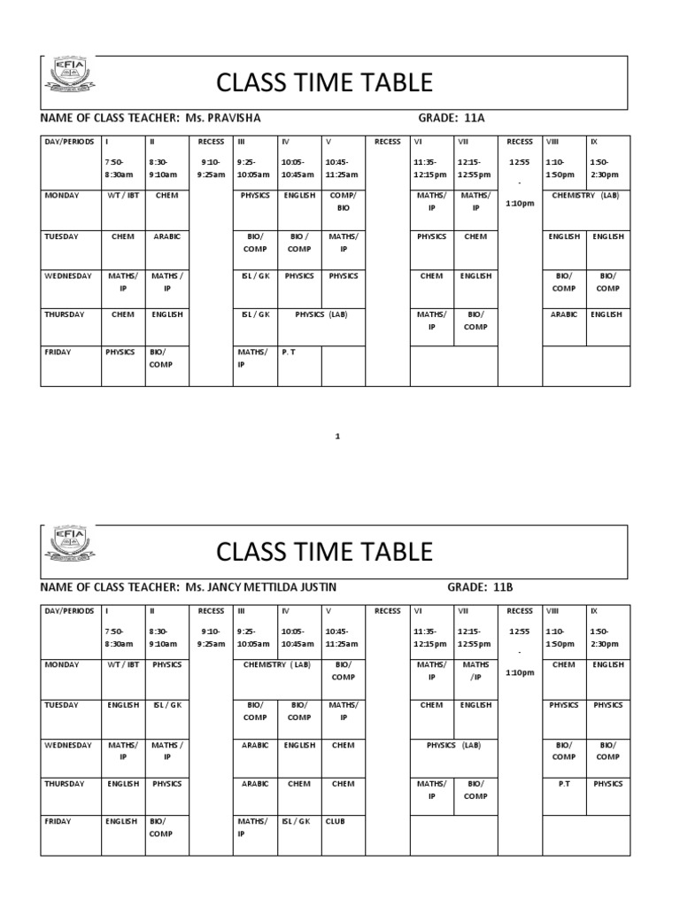 11a b c d class time table pdf