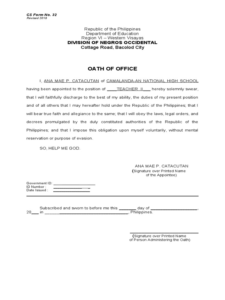 Oath Of Office Cs Form No. 32 Revised 2018