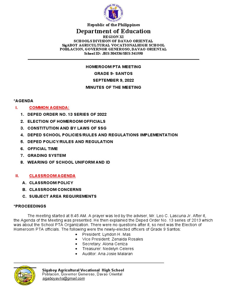 Homeroom pta meeting minutes pdf