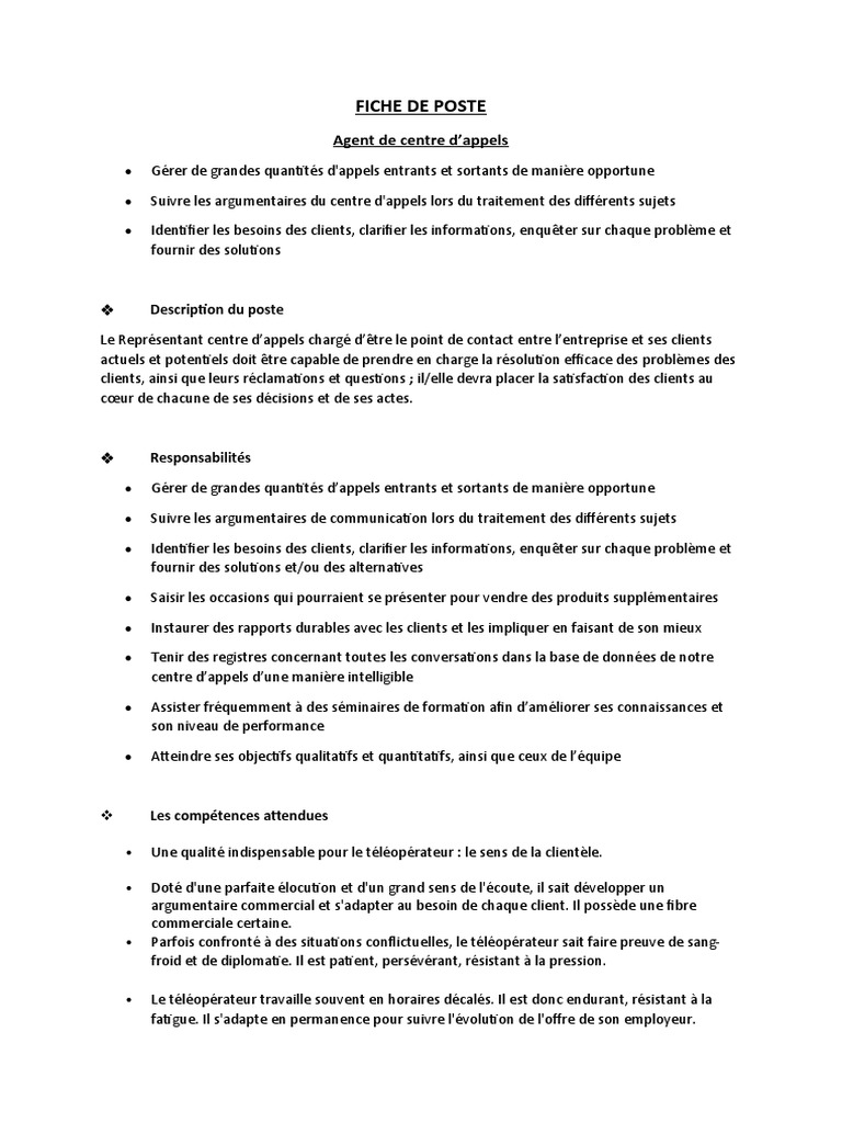 Fiche de poste : Agent centre d'appels | PDF | Centre d'appel | Business