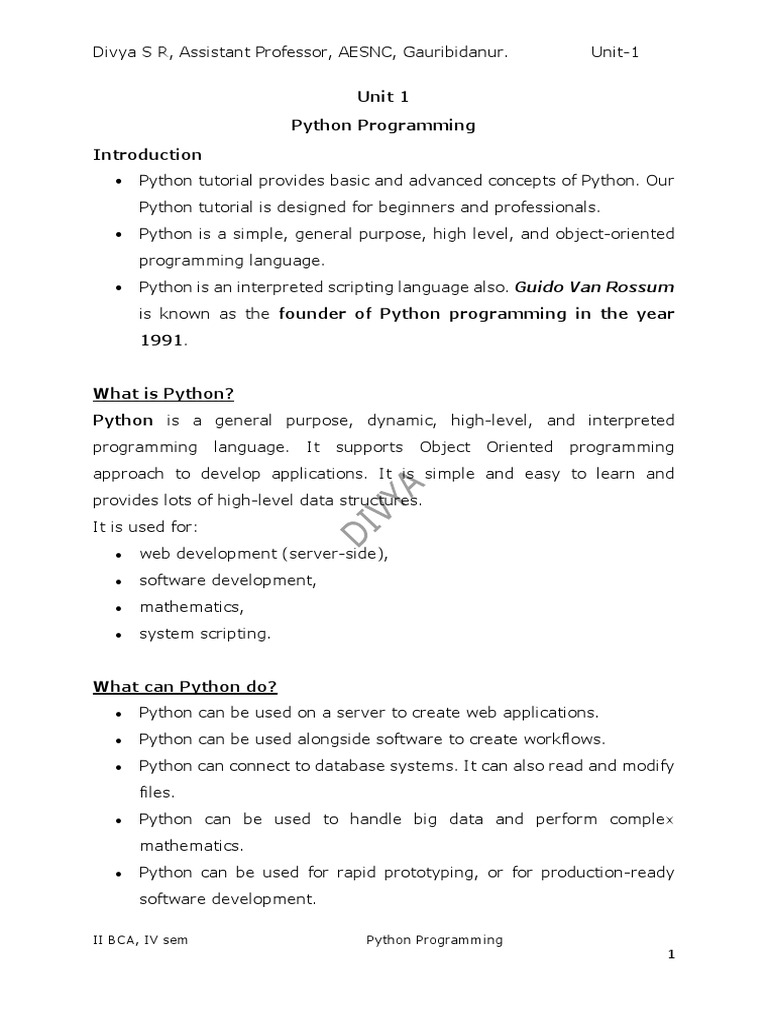 Unit 1 Introduction to Python-1 | PDF | Data Type | Python (Programming ...