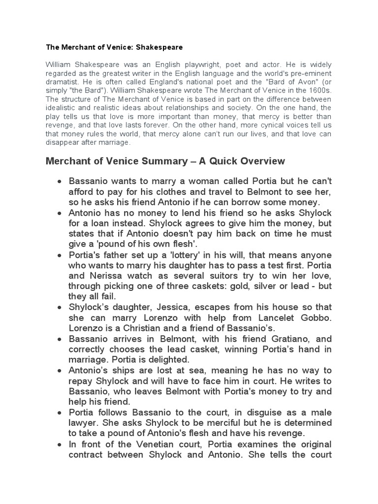 EngMerchant of Venice Summary PDF The Merchant Of Venice British