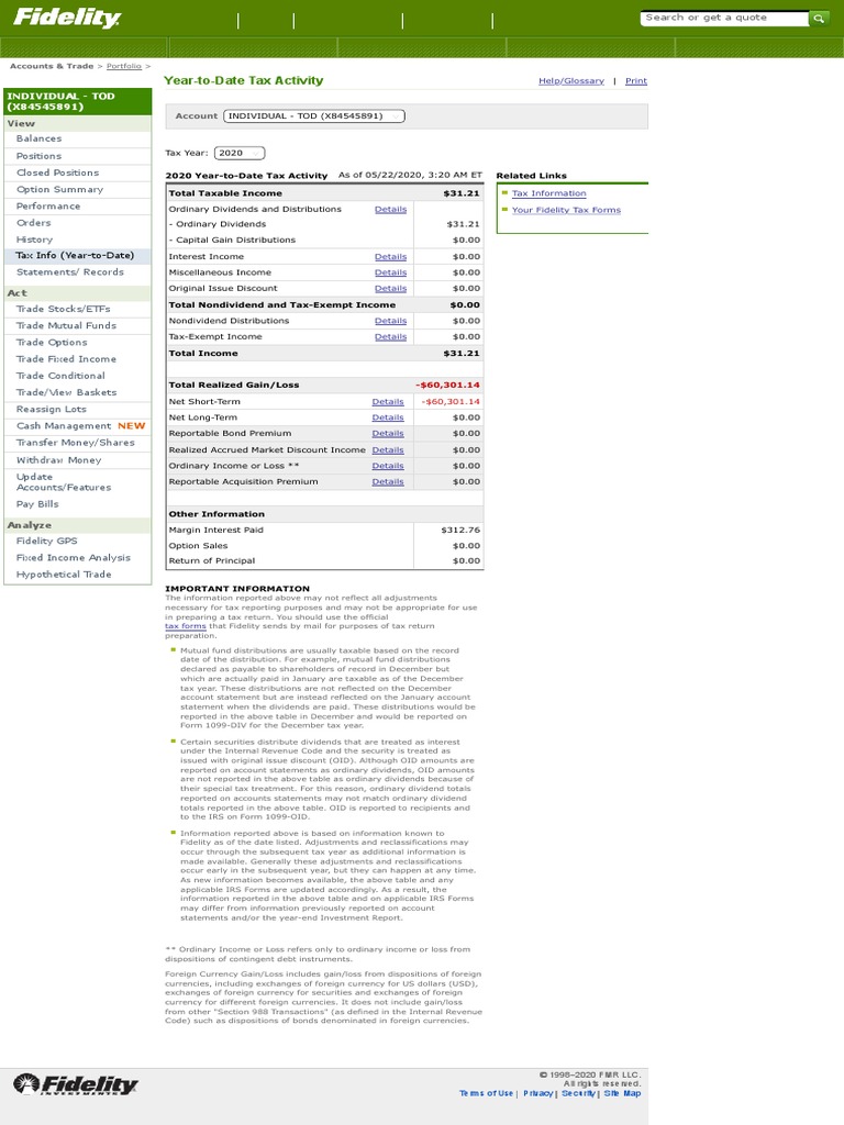 YearToDate Tax Activity Fidelity Investments PDF Dividend Taxes