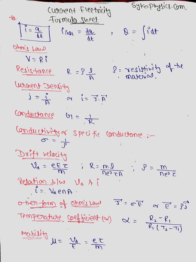 Formula Sheet Current Electricity Class 12 Physics PDF