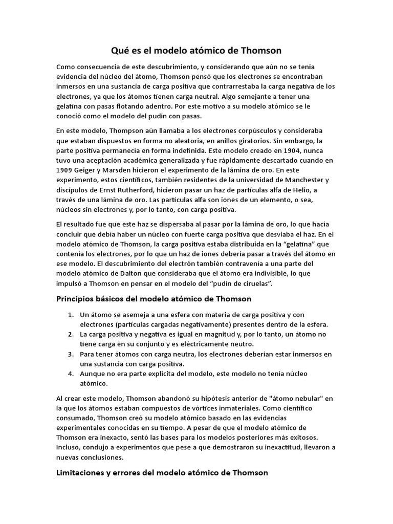 Qué Es El Modelo Atómico de Thomson | PDF | Átomos | Núcleo atómico