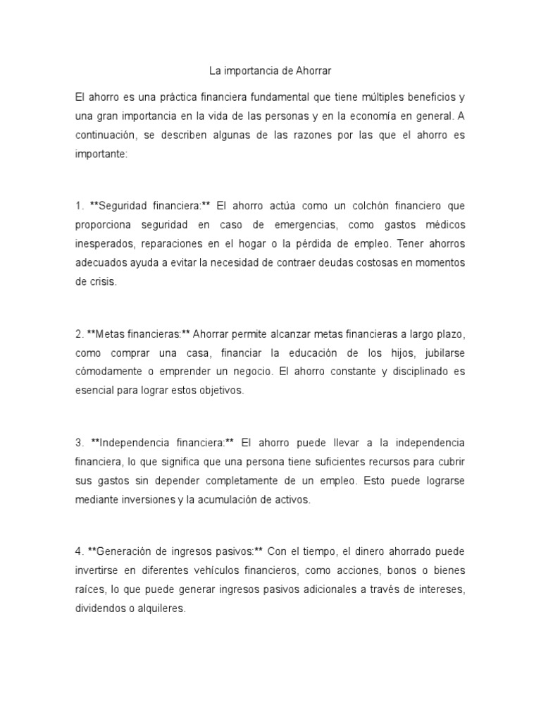 La Importancia de Ahorrar | PDF | Ahorro | Economias