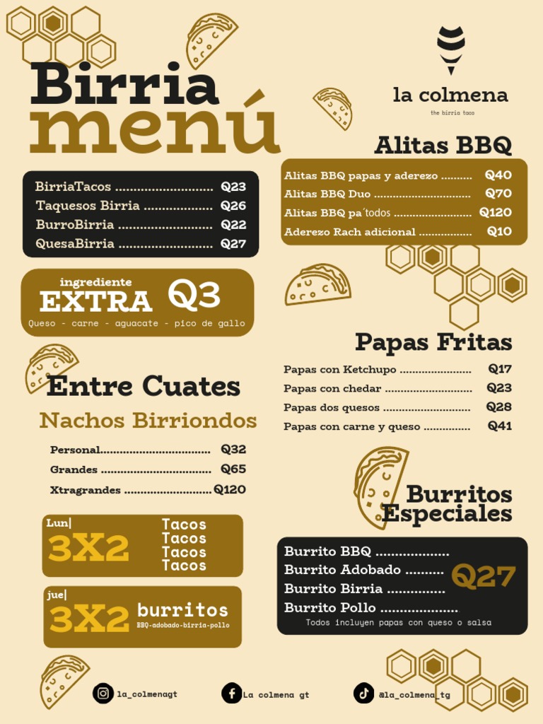 Menú de Tacos y Burritos en La Colmena | PDF