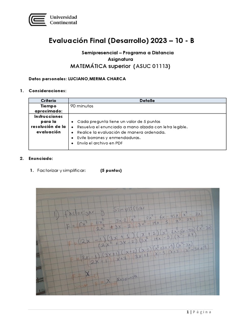 Evaluacion Final Matematica Superior 2023 | PDF | Métodos y materiales ...