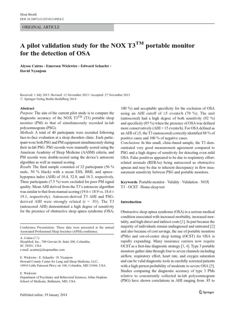 A pilot validation study for the nox t3 portable monitor for the