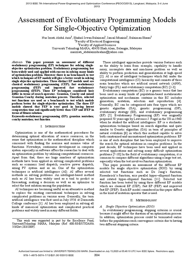 Assessment of evolutionary programming models for single objective