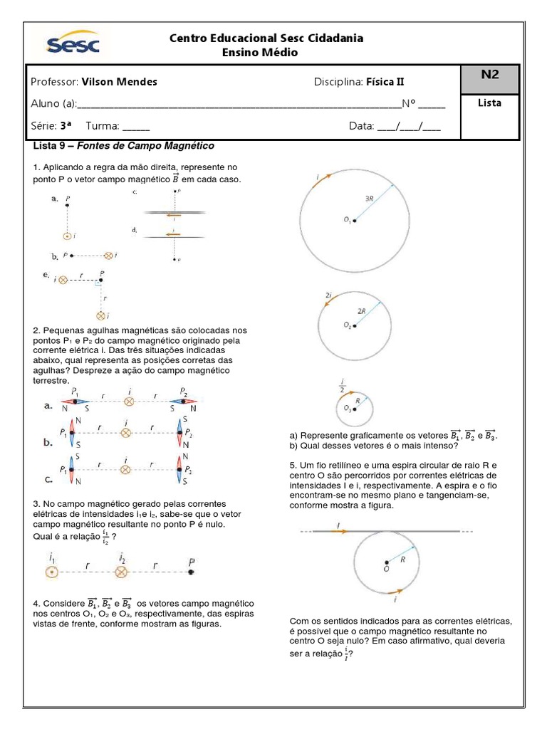 Exercícios sobre Campo Magnético | PDF | Magnetismo | Bússola
