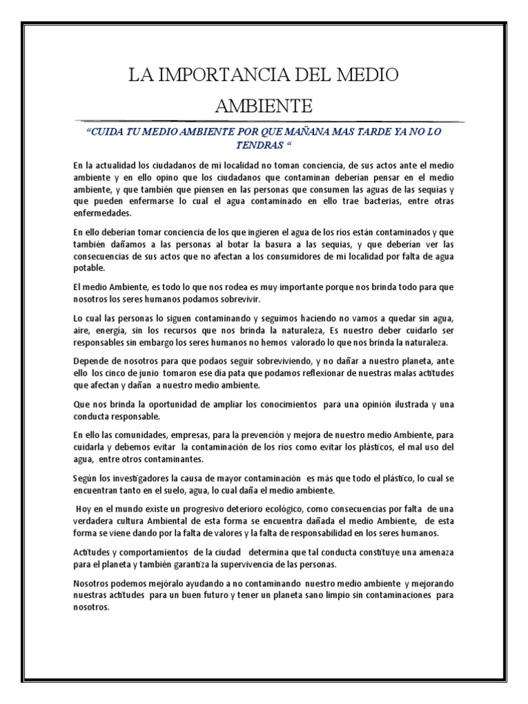 La Importancia Del Medio Ambiente | PDF | Contaminación | Entorno natural