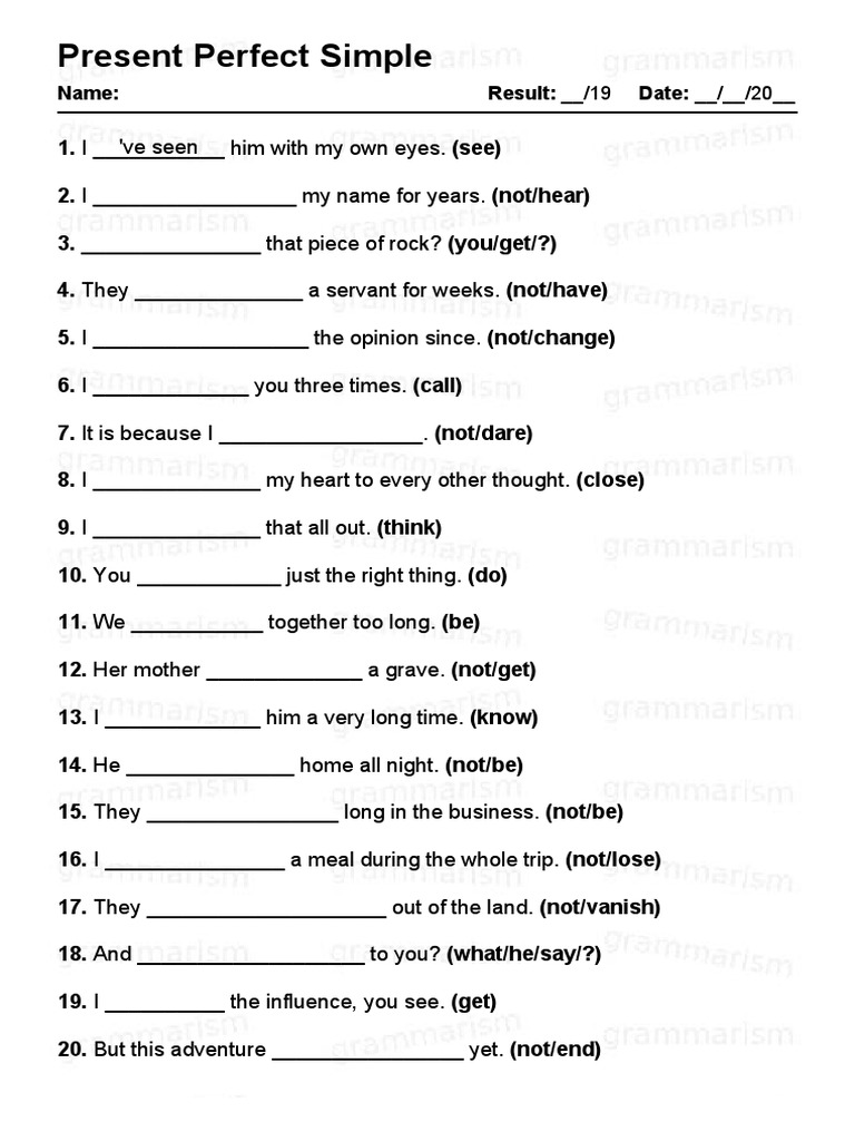 Grammarism Present Perfect Test 3 1341243 | PDF | Language Arts ...