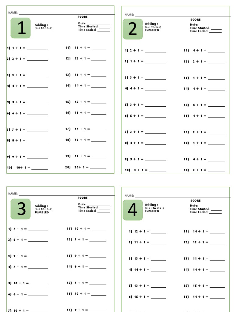 Adding 1 to 20: Math Practice Sheets | PDF