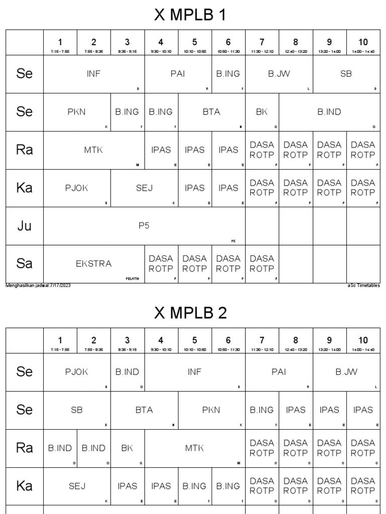 Jadwal Pelajaran Per-Kelas 2023-2024 | PDF