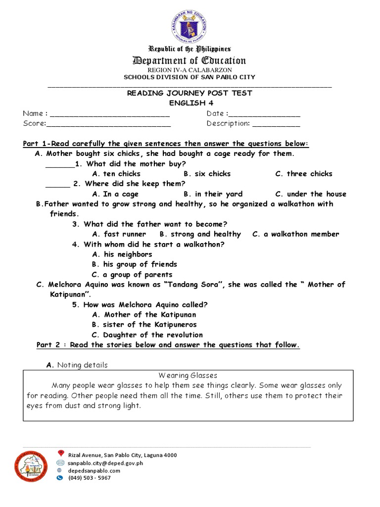 Grade 4 English Post Test Assessment | PDF