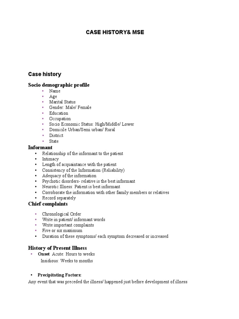 Case History and Mental Status Exam Guide | PDF | Wellness | Lifestyle