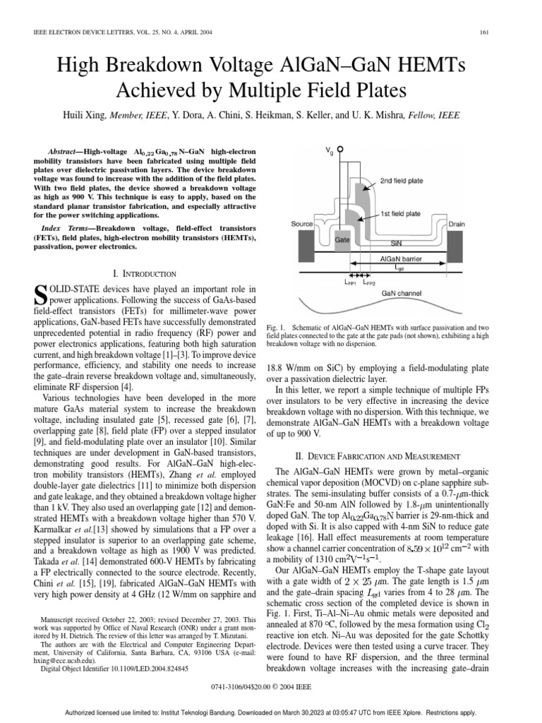 High Voltage AlGaN-GaN HEMTs with Field Plates | PDF | Field Effect ...
