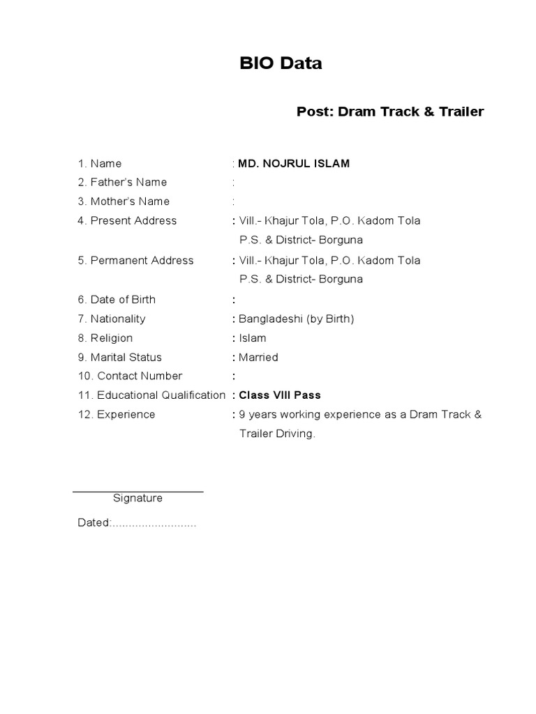 MD. Nojrul Islam's Bio Data for Driving | PDF | Wellness
