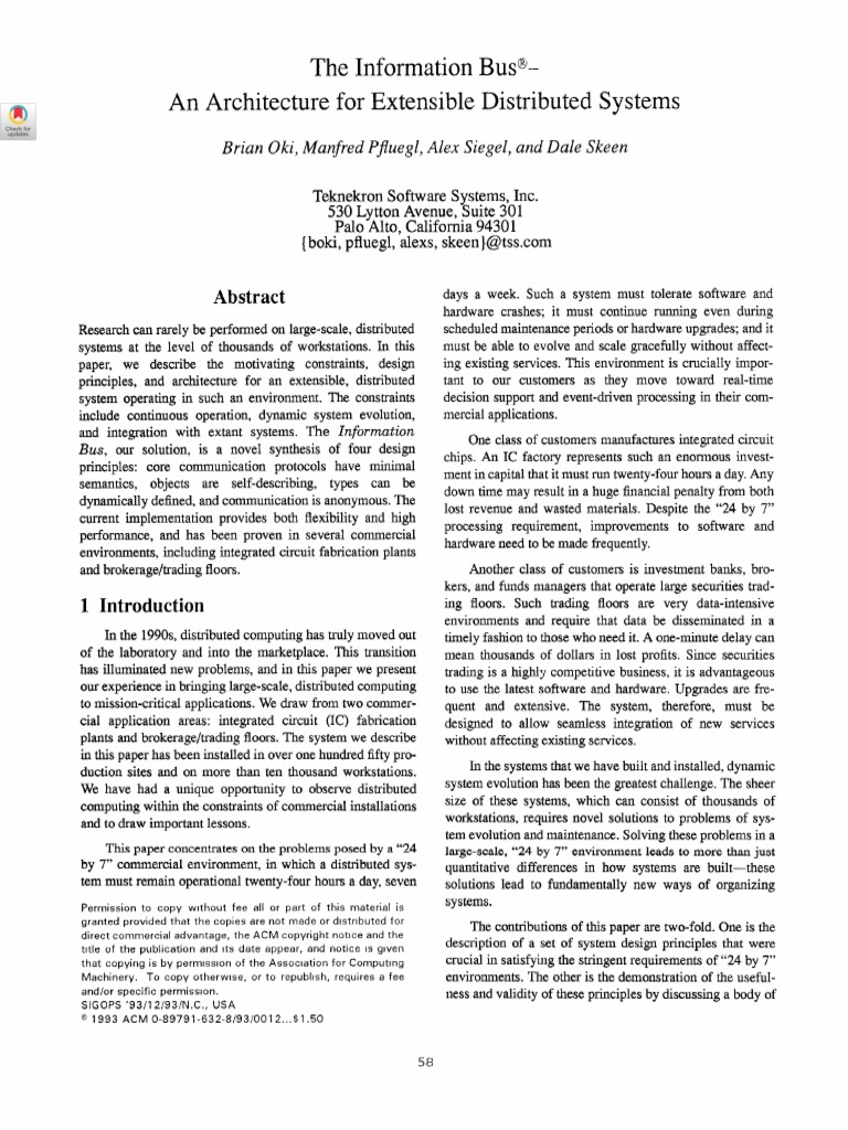 The Information BusAn Architecture For Extensible Distributed Systems