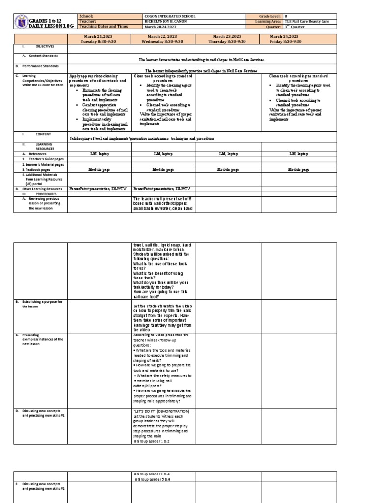 DLL TLE 8 Amber 3rd QNail Care Week 1 PDF