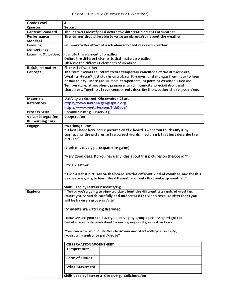 LESSON PLAN Elements of Weather | PDF | Atmosphere Of Earth | Cloud