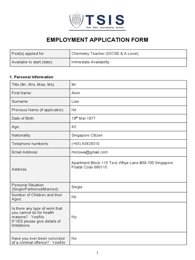 Chemistry Teacher Employment Application | PDF