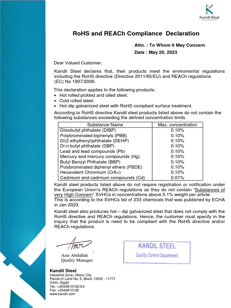 ROHS REACH Declaration REV04 | PDF