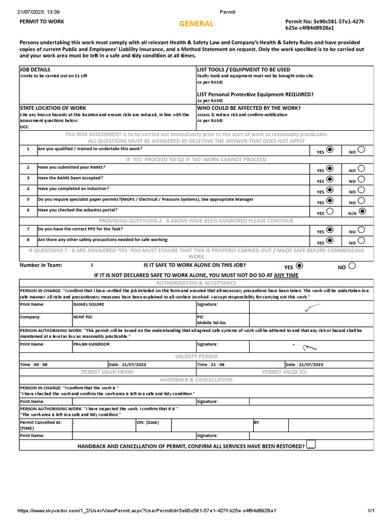 E1 Lift Work Permit and Safety Checklist | PDF | Occupational Safety ...