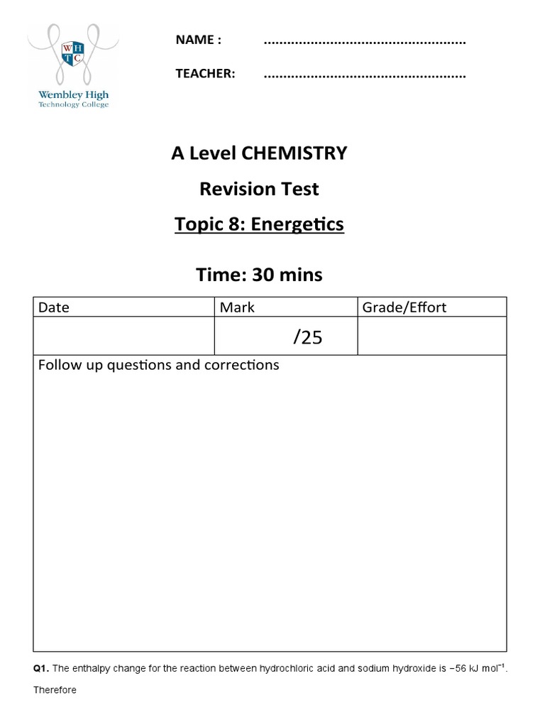 AS Level Topic 8 Test | PDF | Enthalpy | Chemical Reactions