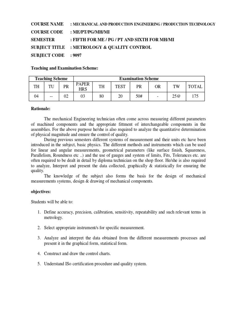 Metrology & Quality Control Course | PDF | Statistics | Accuracy And ...