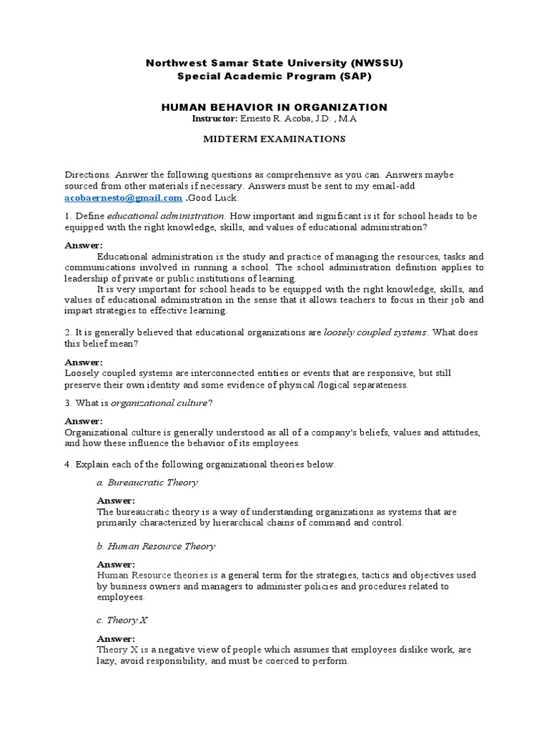 NWSSU Midterm Exam: Human Behavior in Org | PDF | Organizational ...