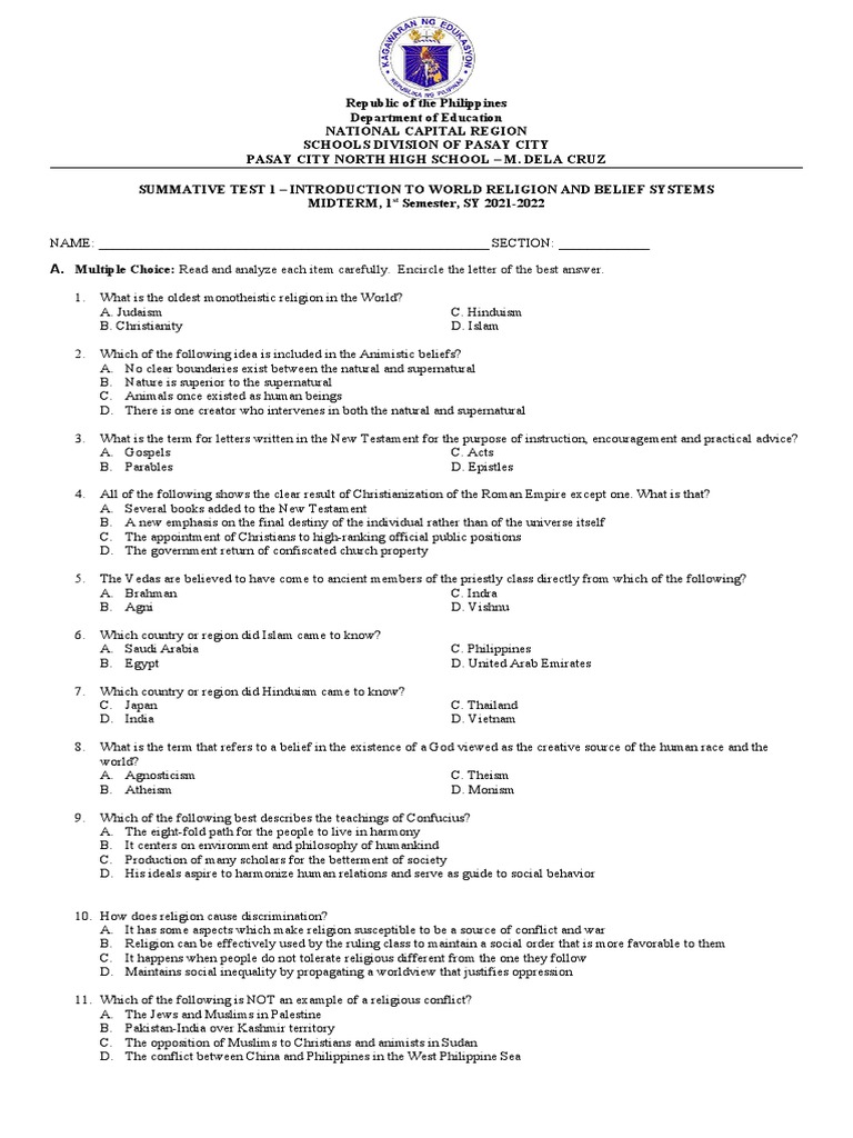 Summative Test: World Religions Overview | PDF | Monotheism | God